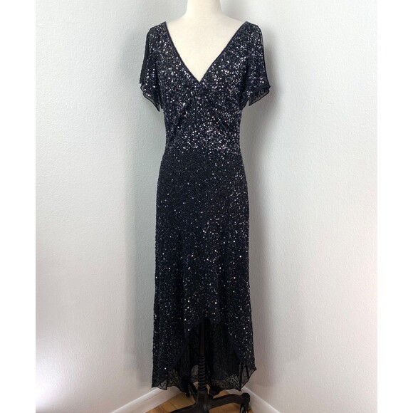 Vintage Black Bead Sequin Maxi Evening Dress Size 6 Formal Party Glam Goth Noir - Picture 1 of 13